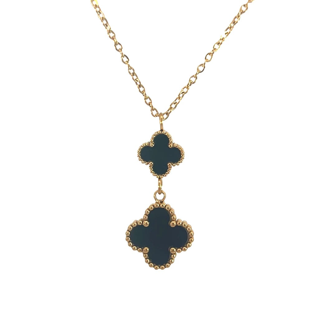 Byzantium Double Drop Black Four Leaf Clover Pendant Necklace - Gold