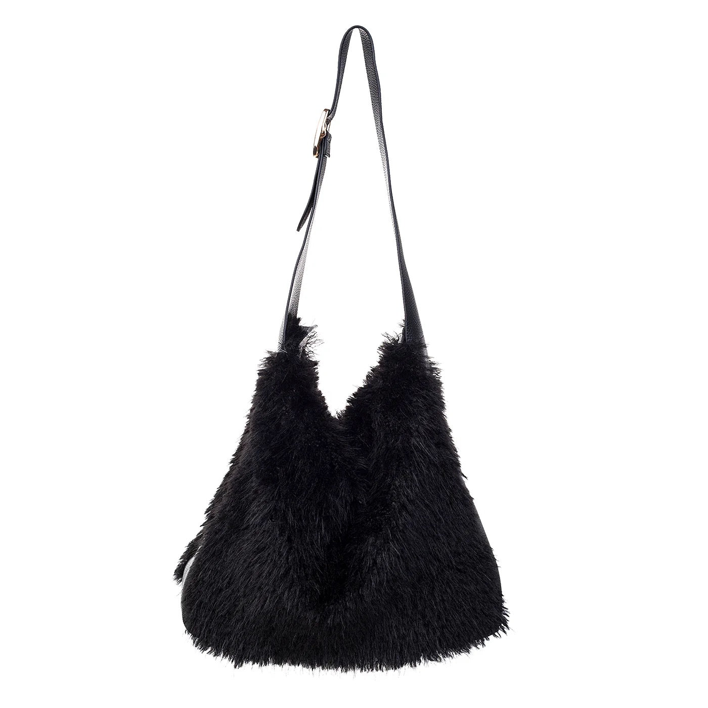 Park Lane - Faux Fur & Faux Leather - Large Slouch Shoulder Bag - Ebony Black