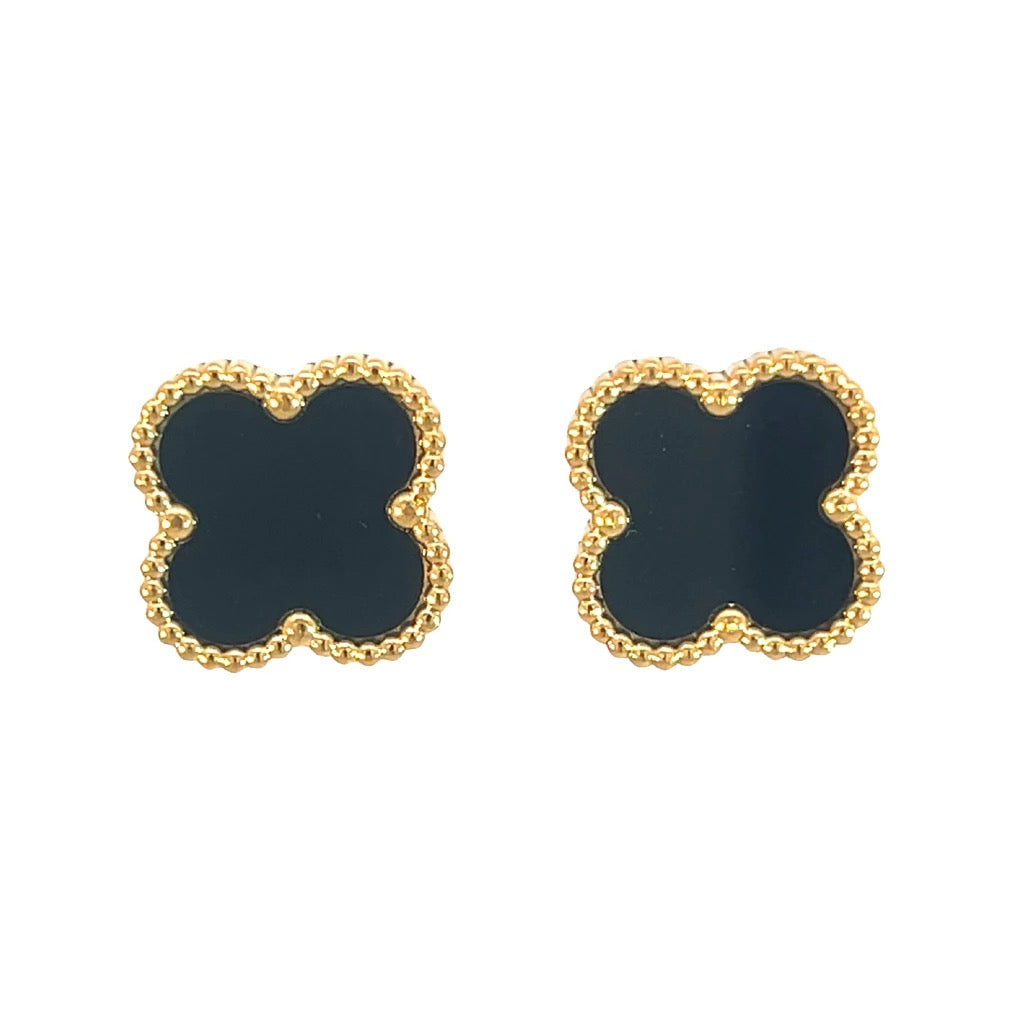 Byzantium Black Four Leaf Clover Stud Earrings - Gold