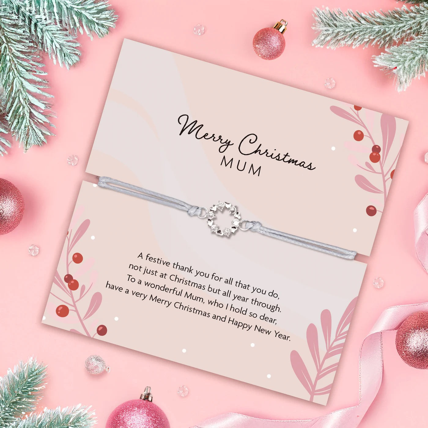 Letterbox Love - Merry Christmas Mum - Hearts & Crystal - BOXED Cord Bracelet