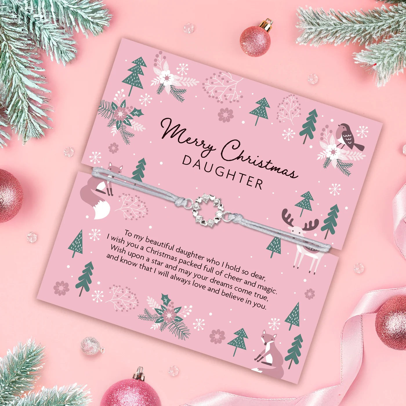 Letterbox Love - Merry Christmas Daughter - Hearts & Crystal - BOXED Cord Bracelet