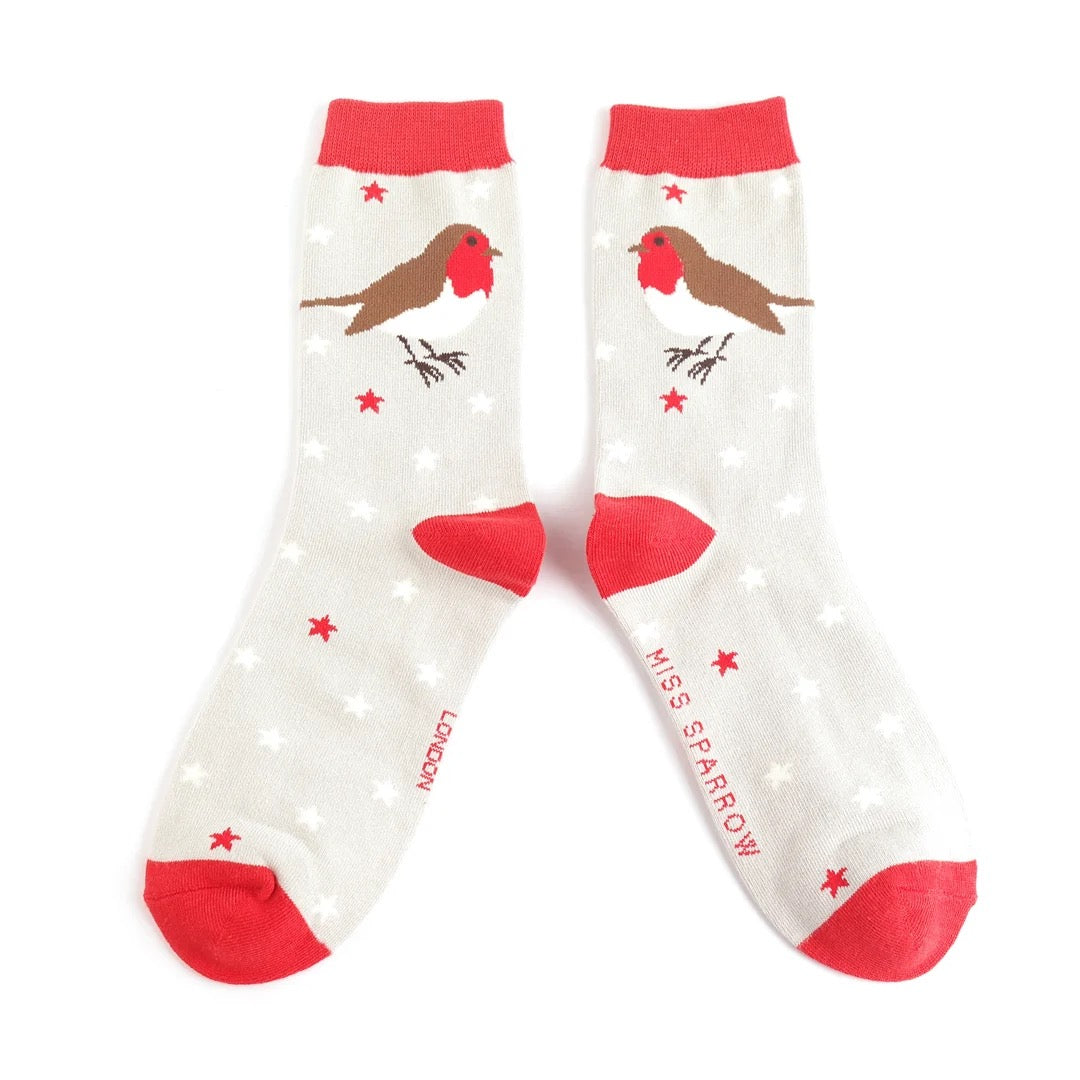Miss Sparrow Bamboo Ankle Socks - Robins & Stars - Grey/Red