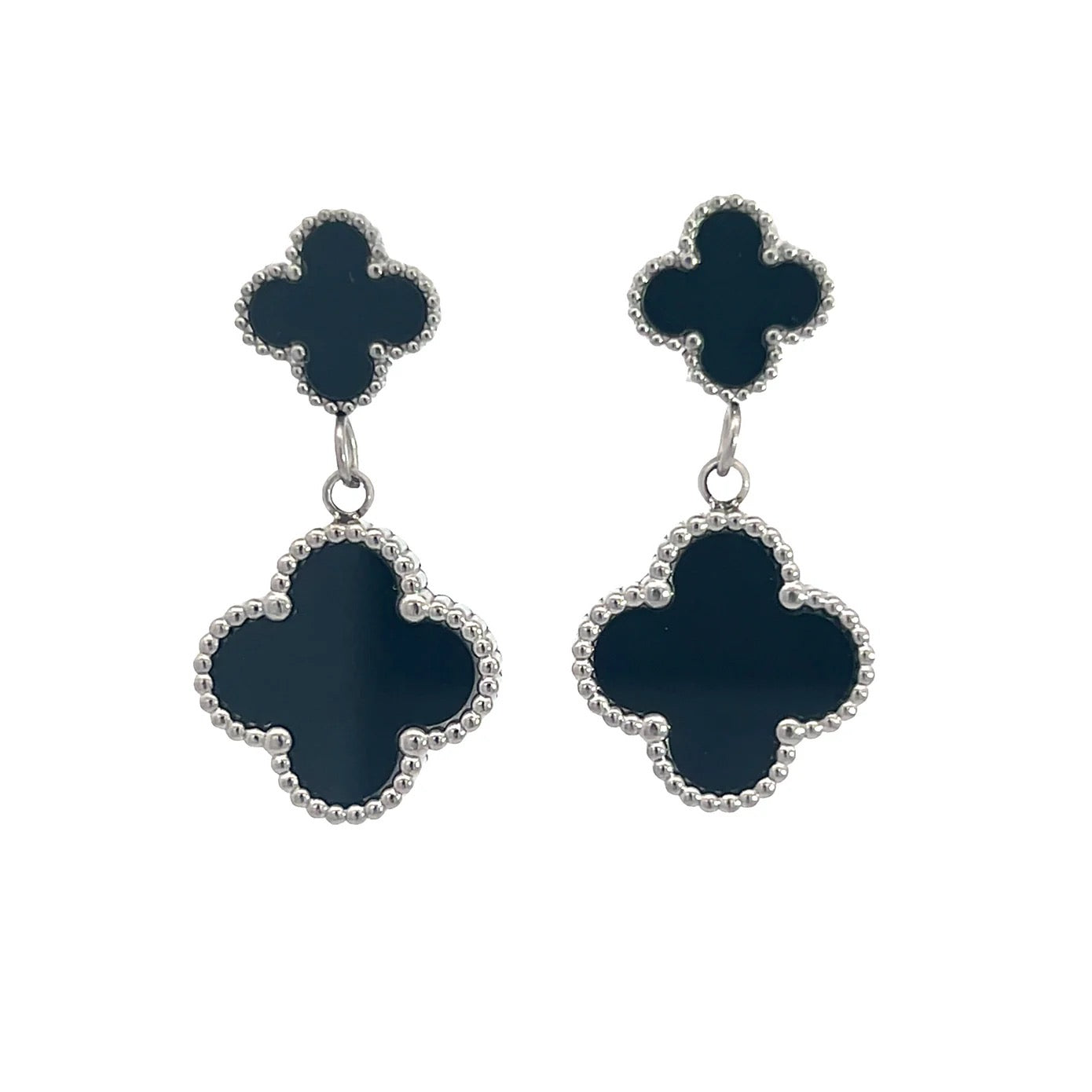 Byzantium Double Drop Black Four Leaf Clover Drop Earrings - Silver