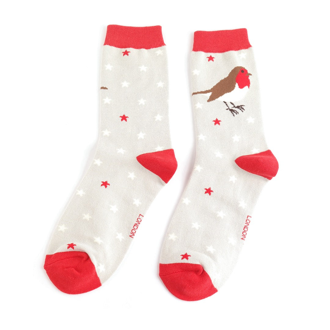 Miss Sparrow Bamboo Ankle Socks - Robins & Stars - Grey/Red