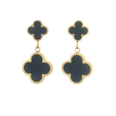 Byzantium Double Drop Black Four Leaf Clover Drop Earrings - Gold