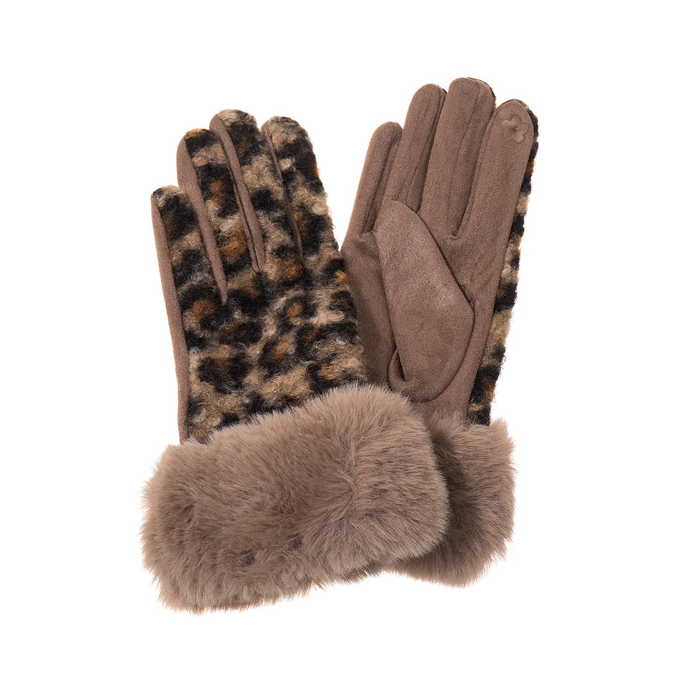 Park Lane - Leopard Print Fleece Back, Faux Suede & Fur Cuff - Mocha Mousse