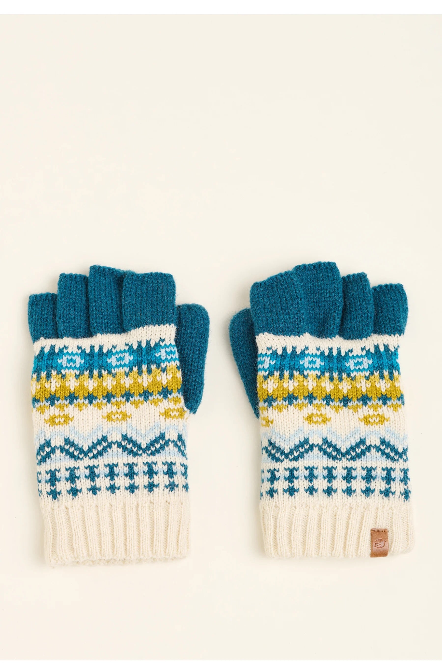 Brakeburn Fairisle Fingerless Gloves - Teal/Mustard/Oatmeal