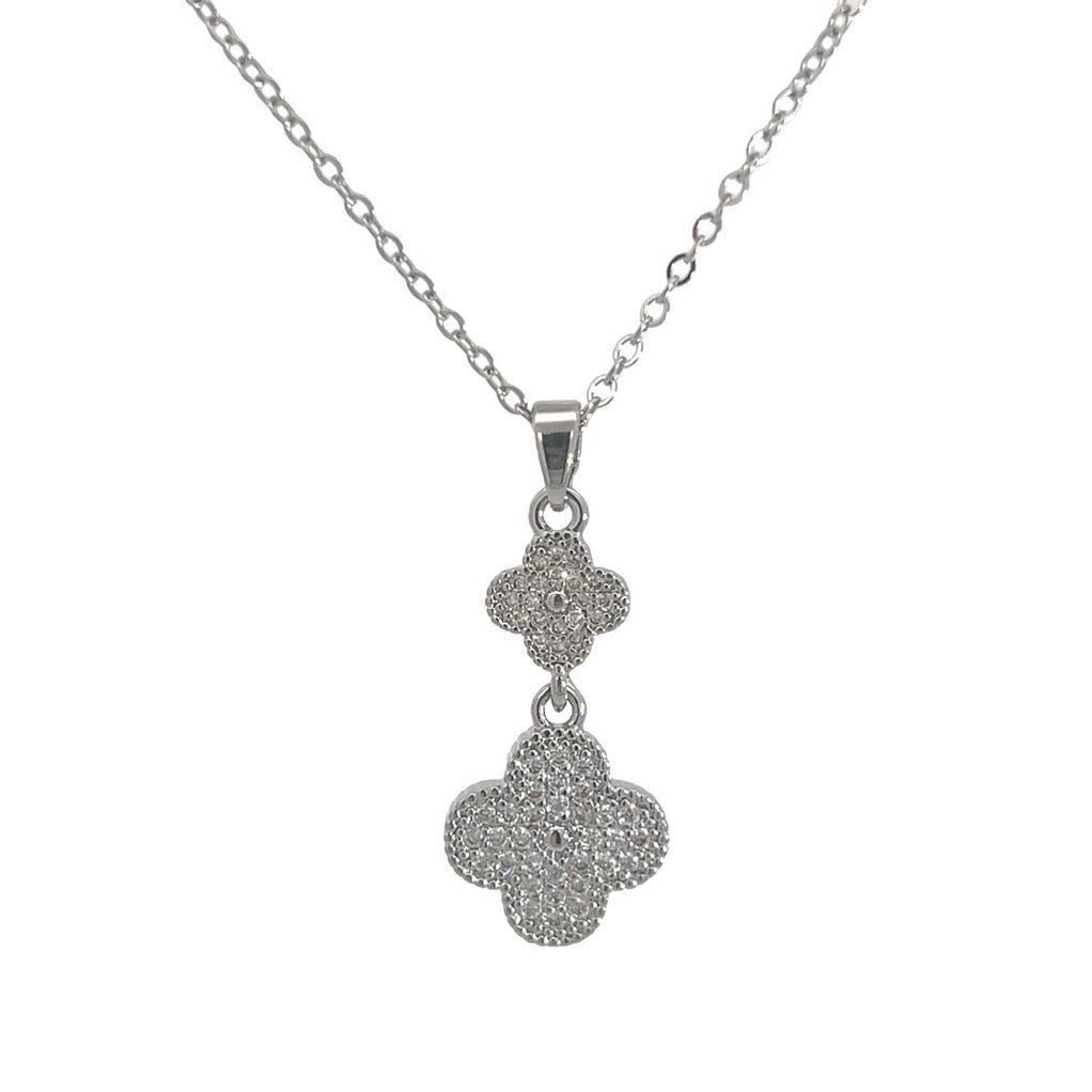 Byzantium Double Drop Pave Crystal Four Leaf Clover Pendant Necklace - Silver