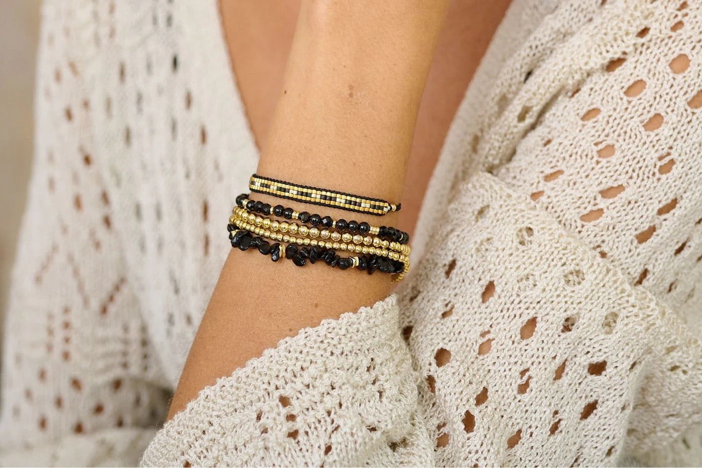 Boho Betty Wonder Gold & Black Spinel Gemstone Stretch Bracelet