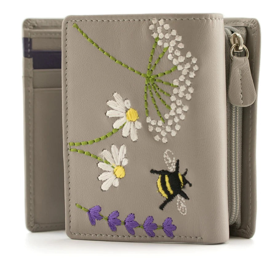 Mala Leather Bee & Blossom Tri-Fold Purse - Grey