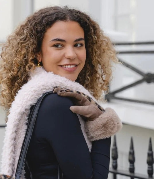 Park Lane - Leopard Print Fleece Back, Faux Suede & Fur Cuff - Mocha Mousse