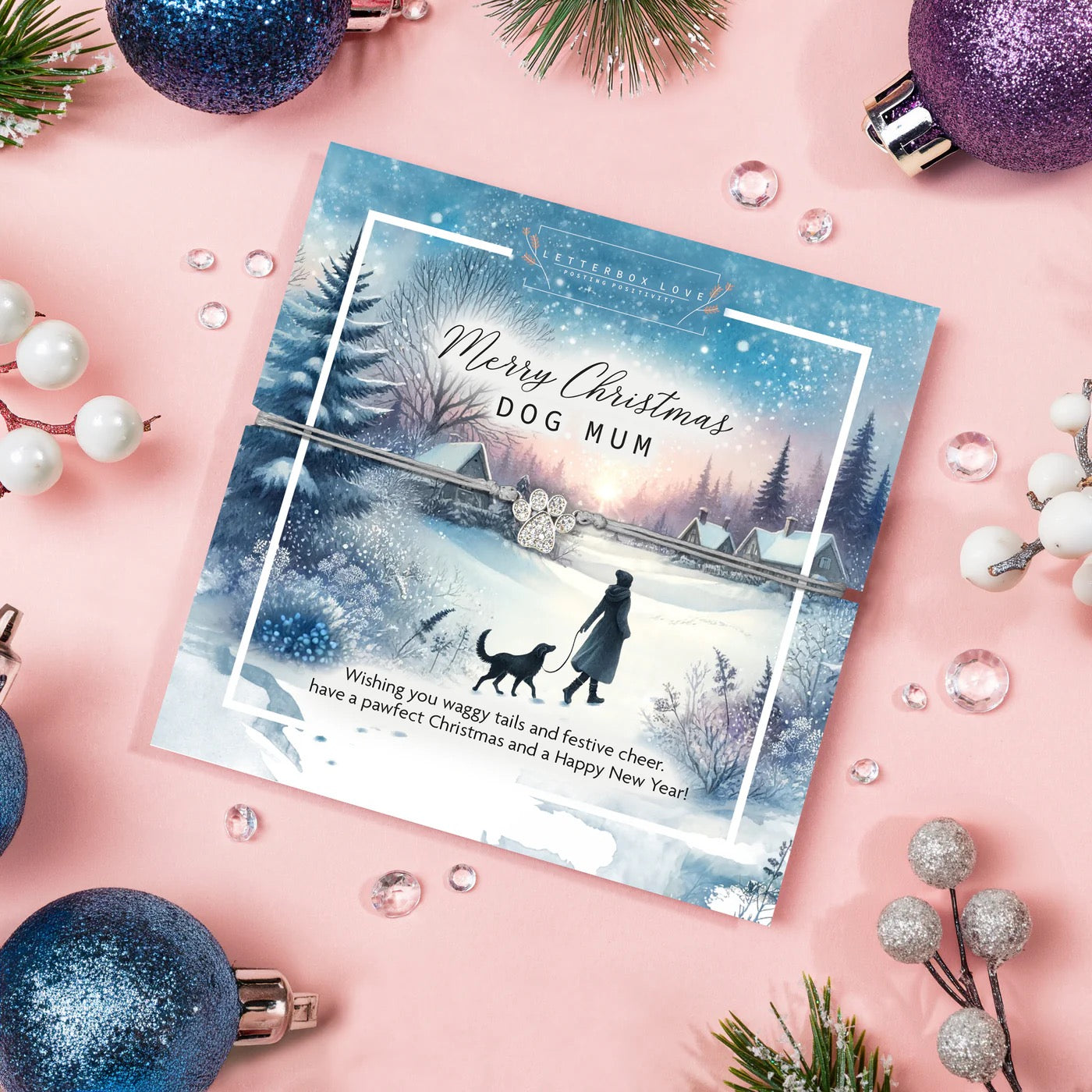 Letterbox Love Sparkly Paw Charm - Merry Christmas Dog Mum String Bracelet