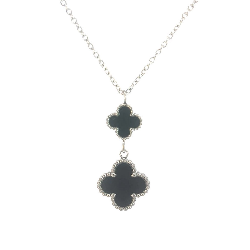 Byzantium Double Drop Black Four Leaf Clover Pendant Necklace - Silver