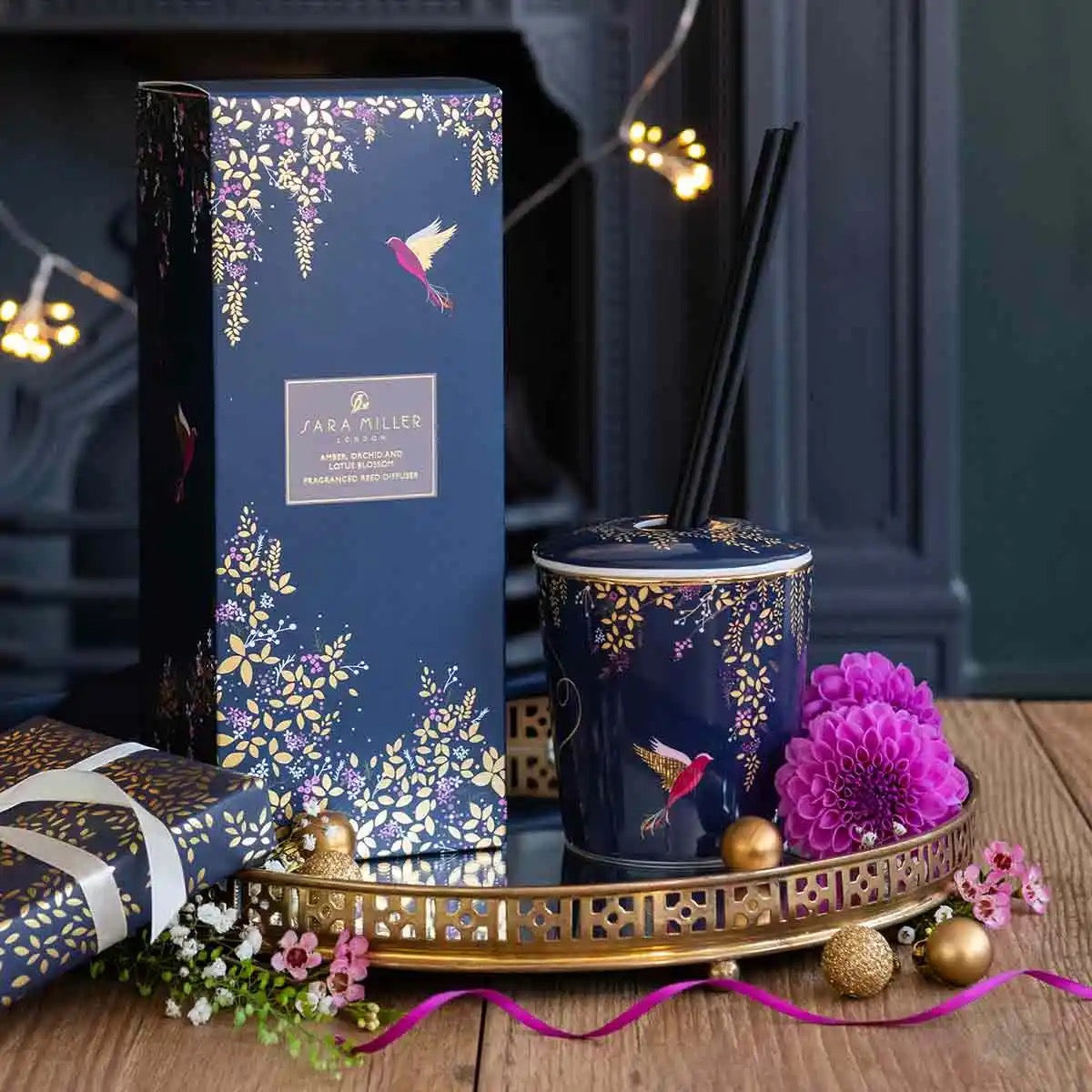 NEW Sara Miller Ceramic Boxed Reed Diffuser - Amber, Orchid & Lotus Blossom