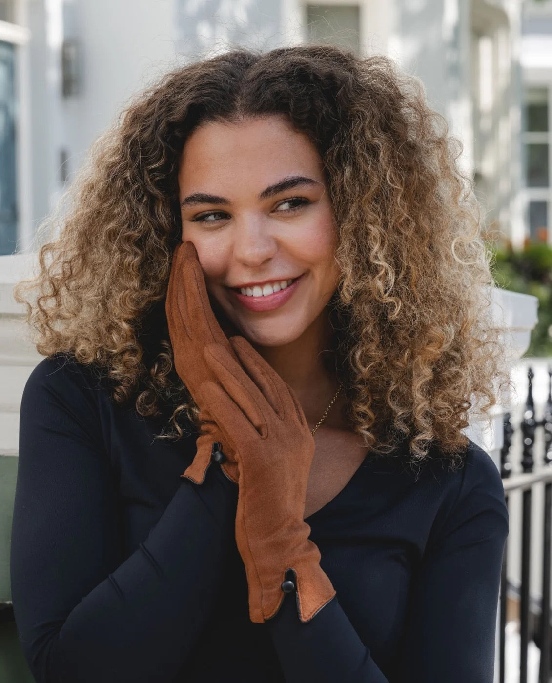 Park Lane Single Button Detail Faux Suede Ladies Gloves- Burnt Spice