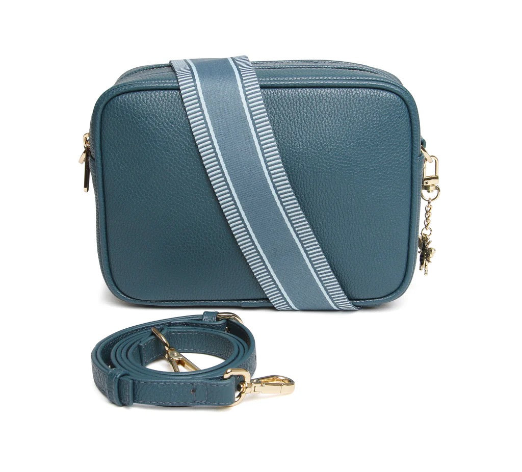 Alice Wheeler Teal Blue Soho Double Zipped Crossbody Bag with Line & Stripe Bag Strap
