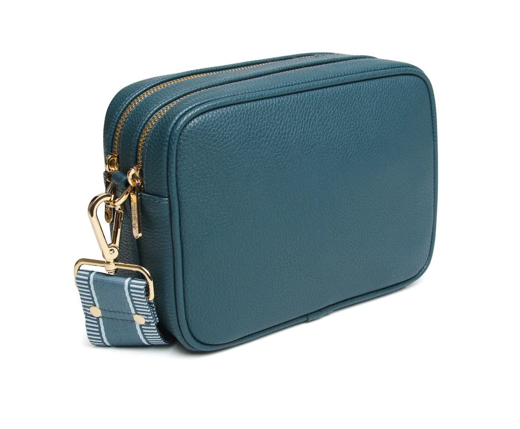 Alice Wheeler Teal Blue Soho Double Zipped Crossbody Bag with Line & Stripe Bag Strap