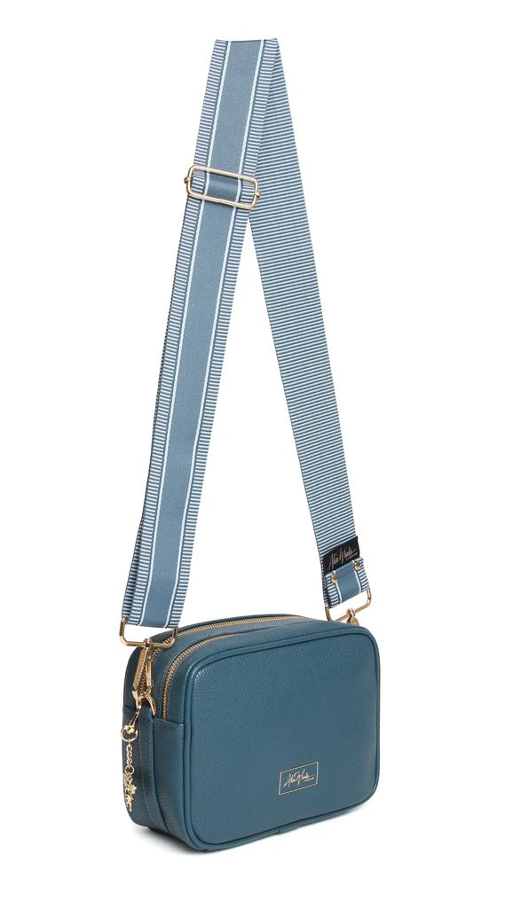 Alice Wheeler Teal Blue Soho Double Zipped Crossbody Bag with Line & Stripe Bag Strap