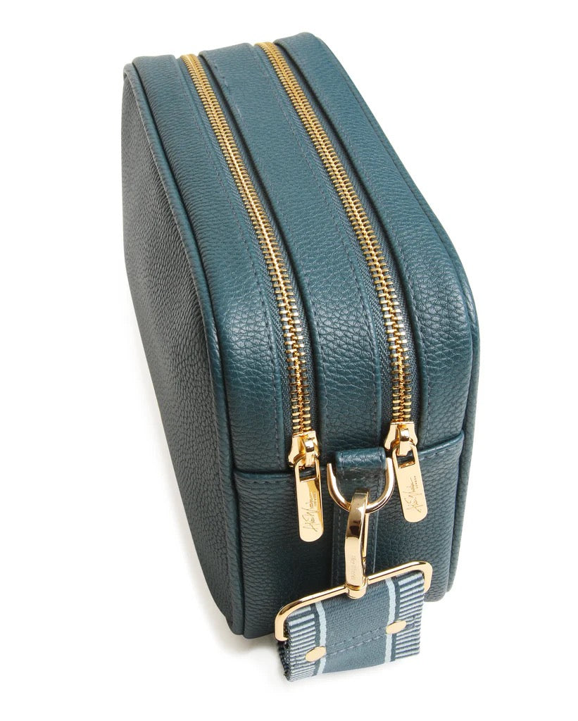 Alice Wheeler Teal Blue Soho Double Zipped Crossbody Bag with Line & Stripe Bag Strap