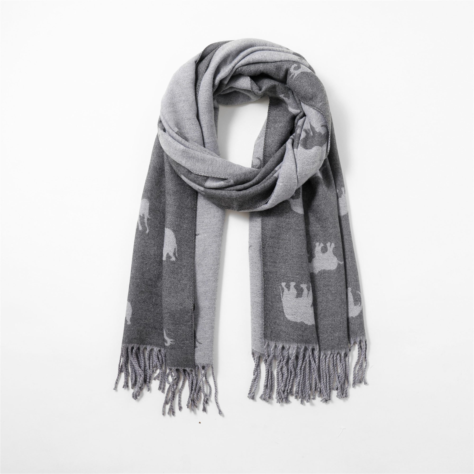 Charcoal & Grey Elephant Reversible Tassel Scarf - Cashmere Blend