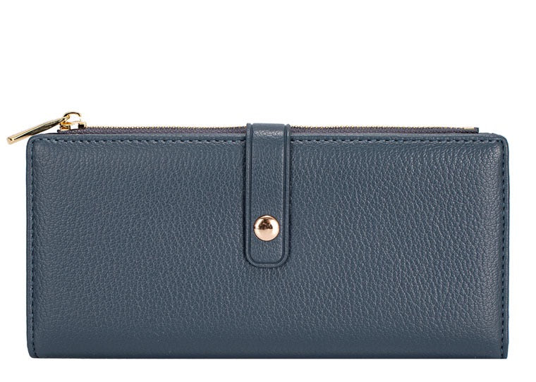 David Jones Faux Pebble Leather Long Slimline Flap Over Zip Purse - Bering Sea Blue