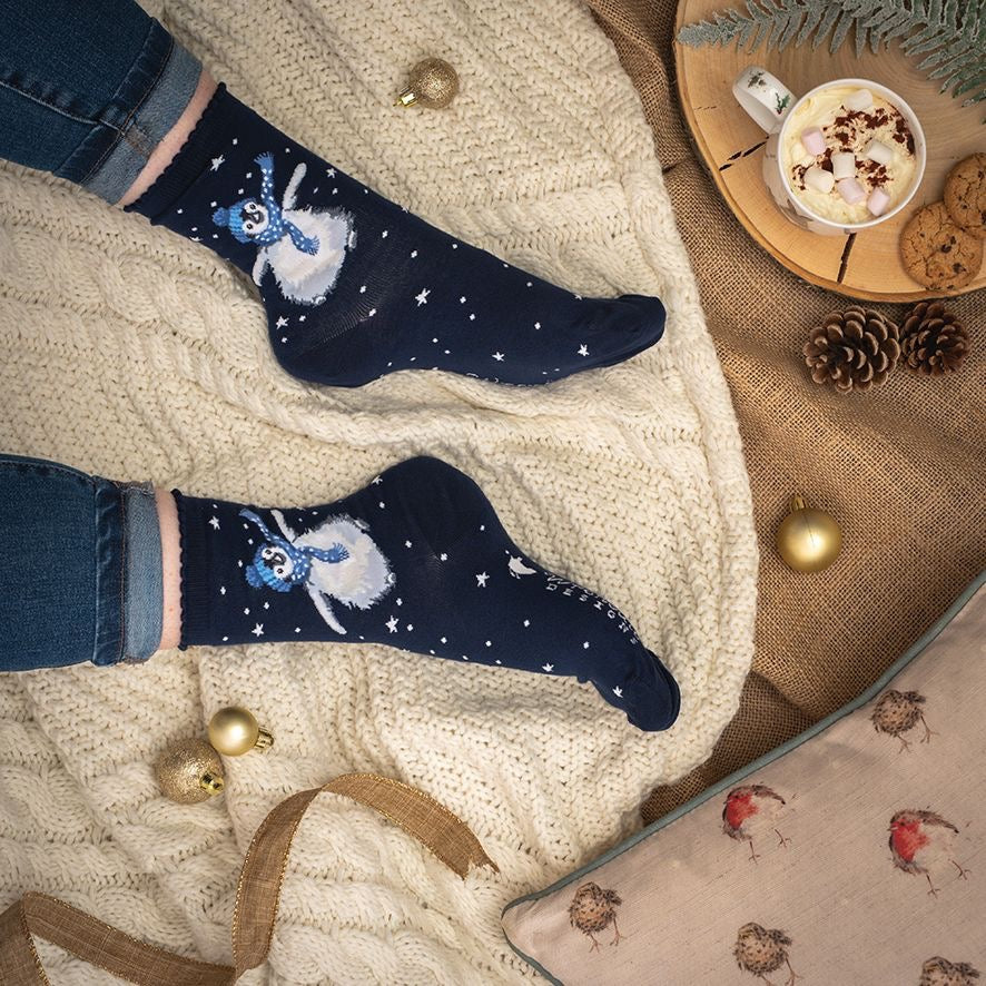 Penguin Christmas Ladies Ankle Bamboo Socks - Navy - Wrendale Designs