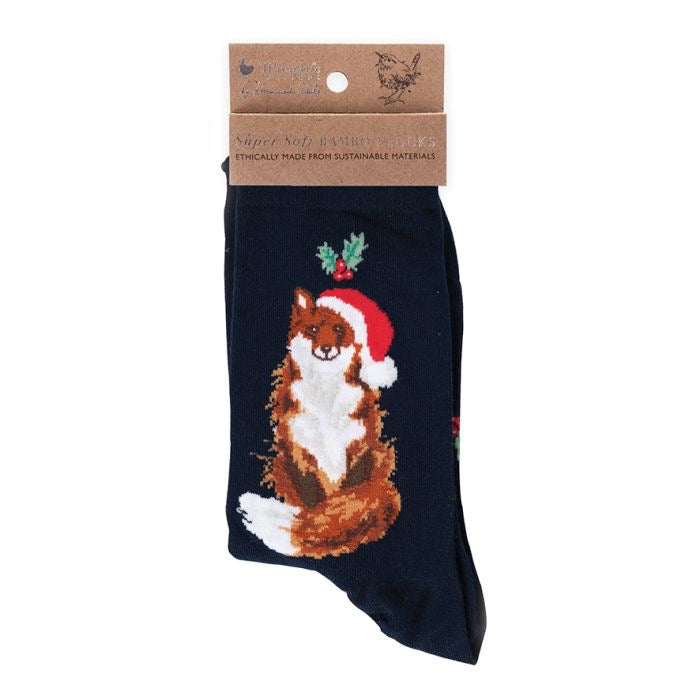 "Festive Fox' Fox Christmas Ladies Ankle Bamboo Socks - Navy - Wrendale Designs