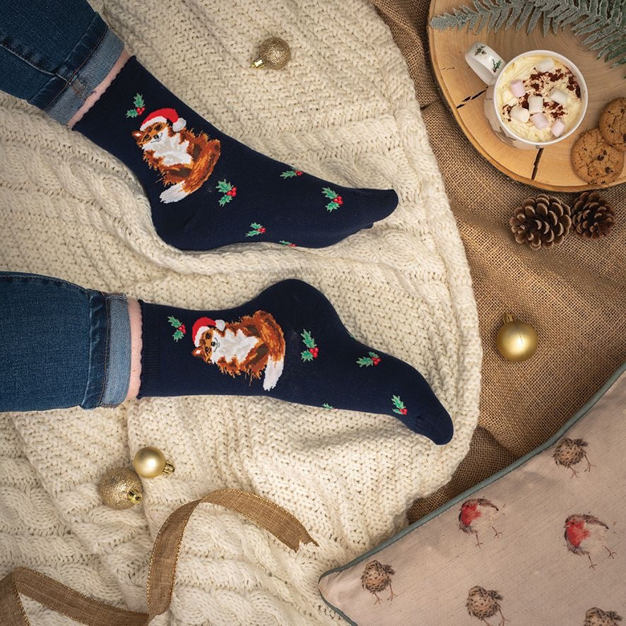 "Festive Fox' Fox Christmas Ladies Ankle Bamboo Socks - Navy - Wrendale Designs