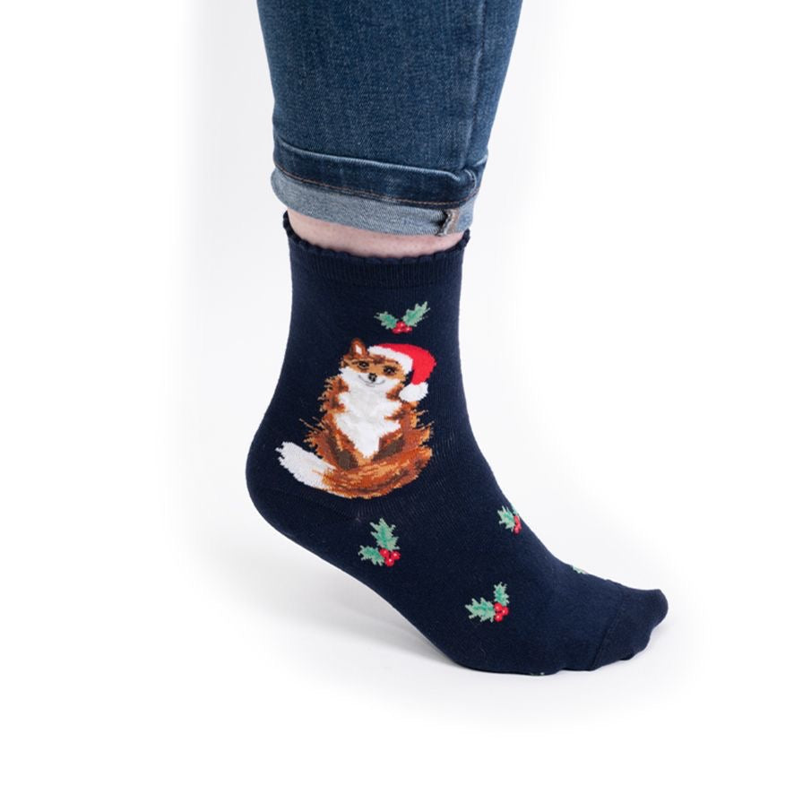 "Festive Fox' Fox Christmas Ladies Ankle Bamboo Socks - Navy - Wrendale Designs
