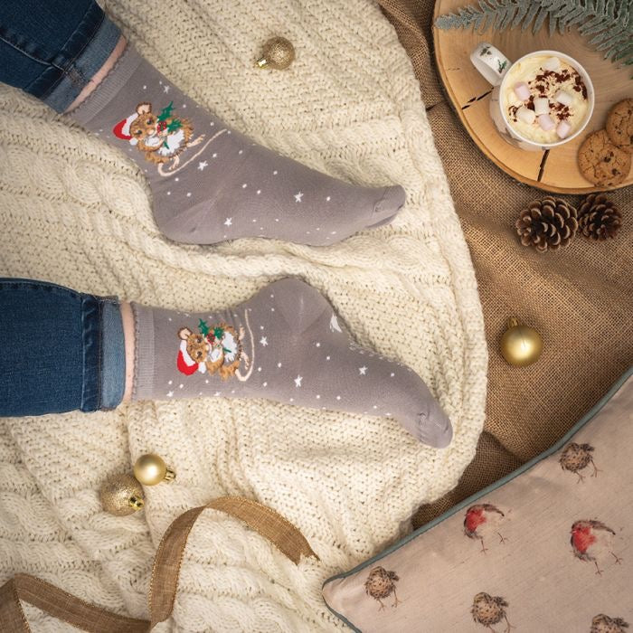 "Christmouse" Mouse Christmas Ladies Ankle Bamboo Socks - Grey - Wrendale Designs
