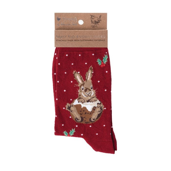 Rabbit Christmas Ladies Ankle Bamboo Socks - Red - Wrendale Designs