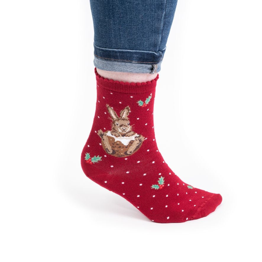 Rabbit Christmas Ladies Ankle Bamboo Socks - Red - Wrendale Designs