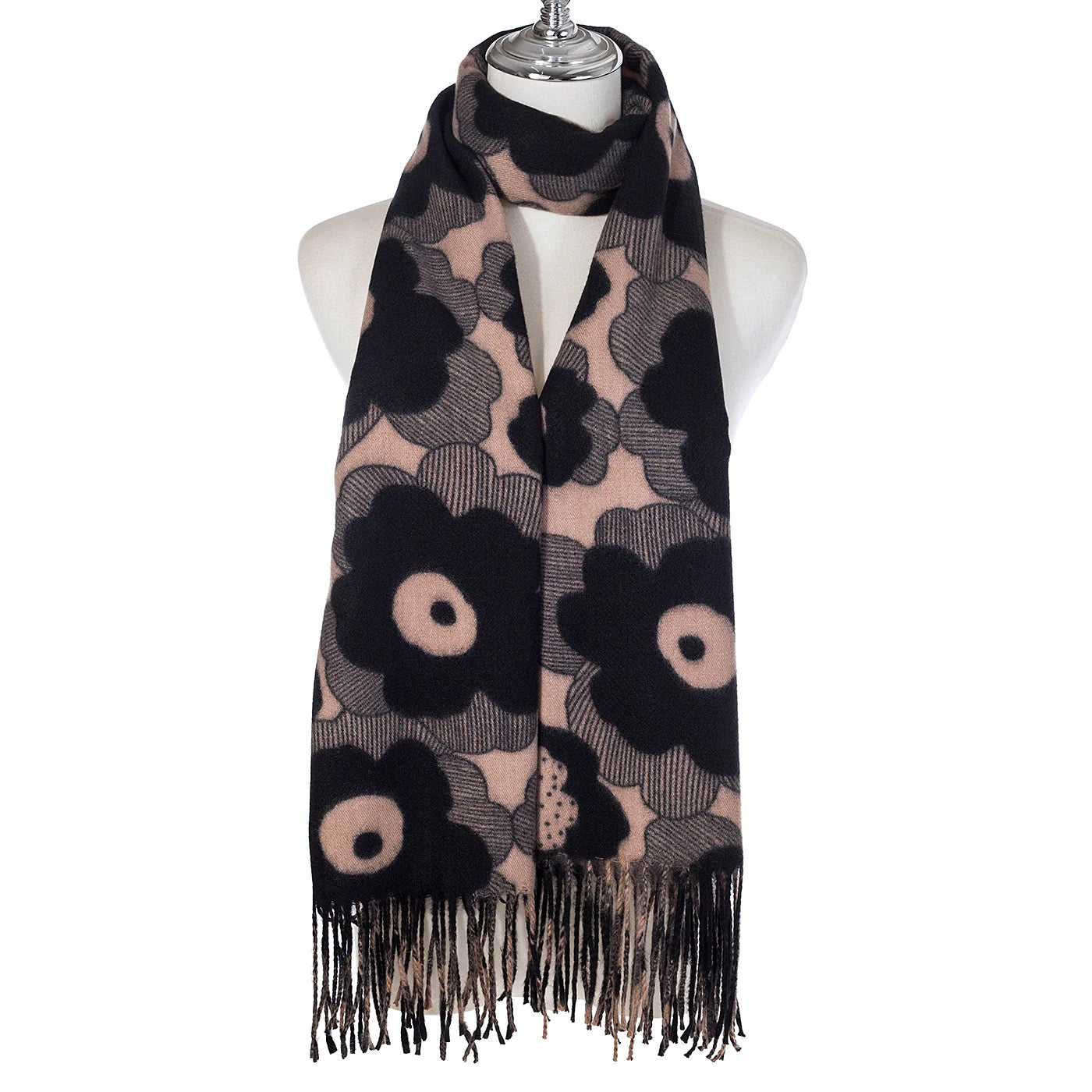 Park Lane - Bold Floral Print Tassel Cosy Scarf - Cocoa