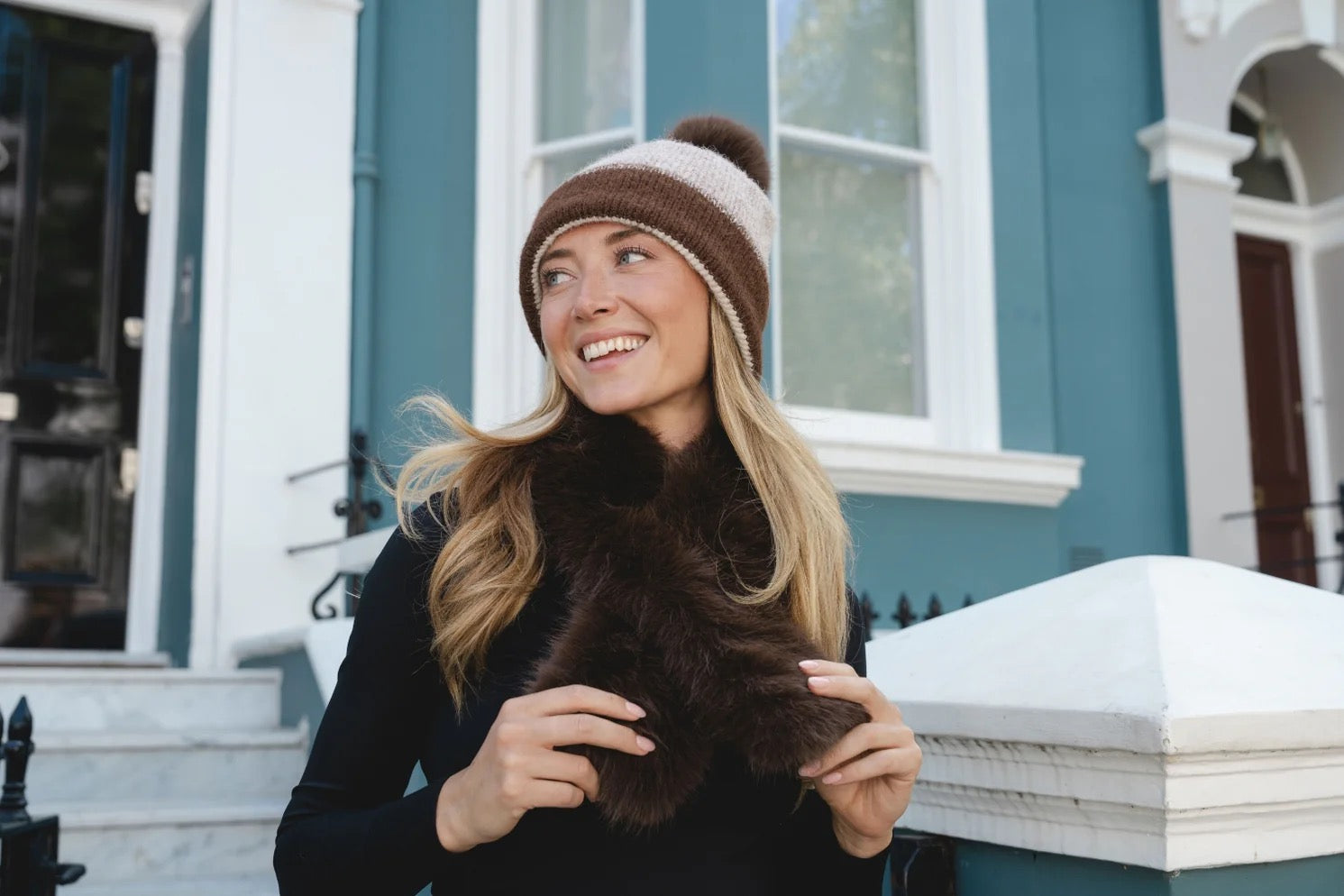 Park Lane - Two-Tone Ribbed Faux Fur Bobble Hat - Cocoa/Beige