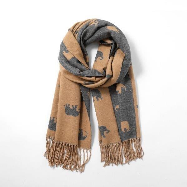 Camel & Grey Elephant Reversible Tassel Scarf - Cashmere Blend