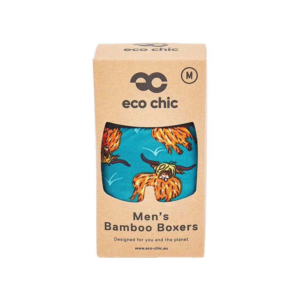 Eco Chic MENS Bamboo Boxers - Highland Cow - Teal