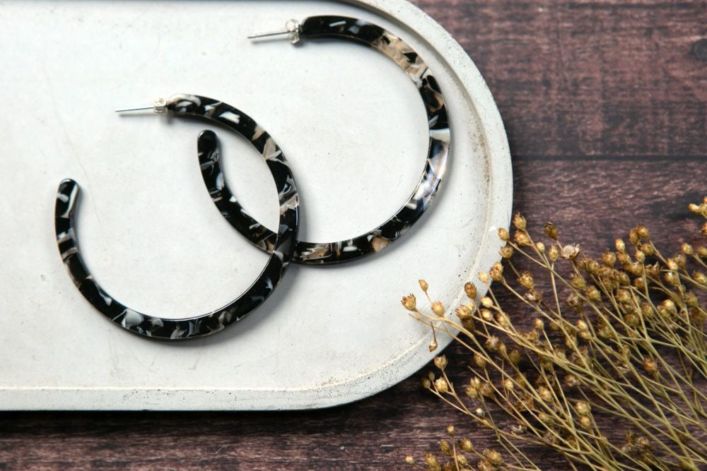 Acrylic Hoop Earrings - Black Marble - The Old Farmhouse Jewellery