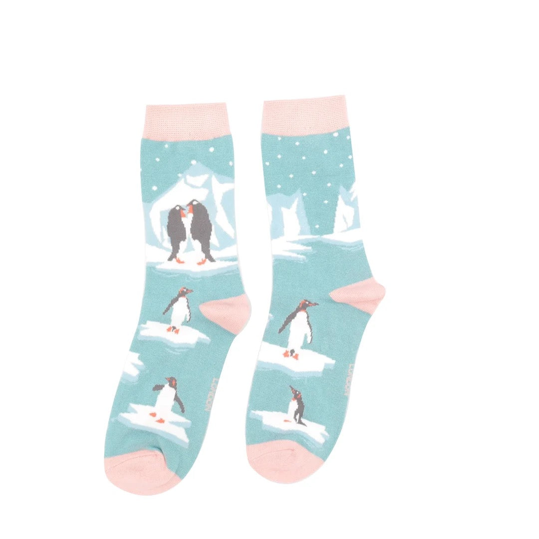 Miss Sparrow Ladies Bamboo Ankle Socks - Penguins on Ice- Duck Egg