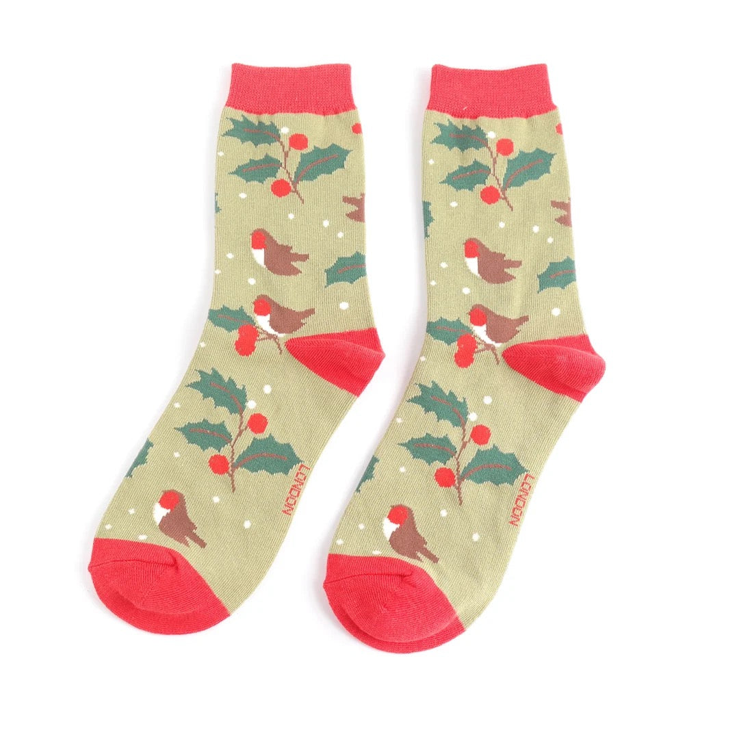 Miss Sparrow Ladies Bamboo Ankle Socks - Winter Hedgerow Robin- Green