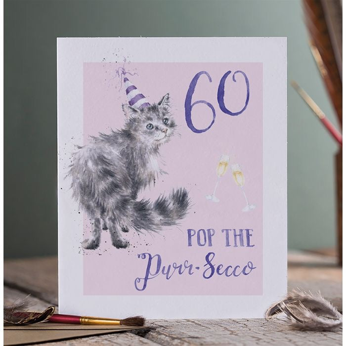 60 Pop the Purr-secco Cat - Birthday Card - Wrendale Designs