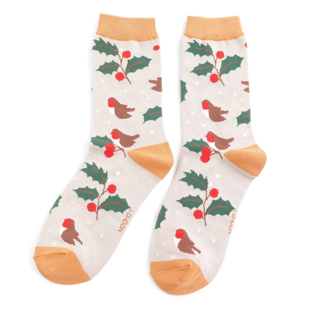 Miss Sparrow Ladies Bamboo Ankle Socks - Winter Hedgerow Robin- Silver