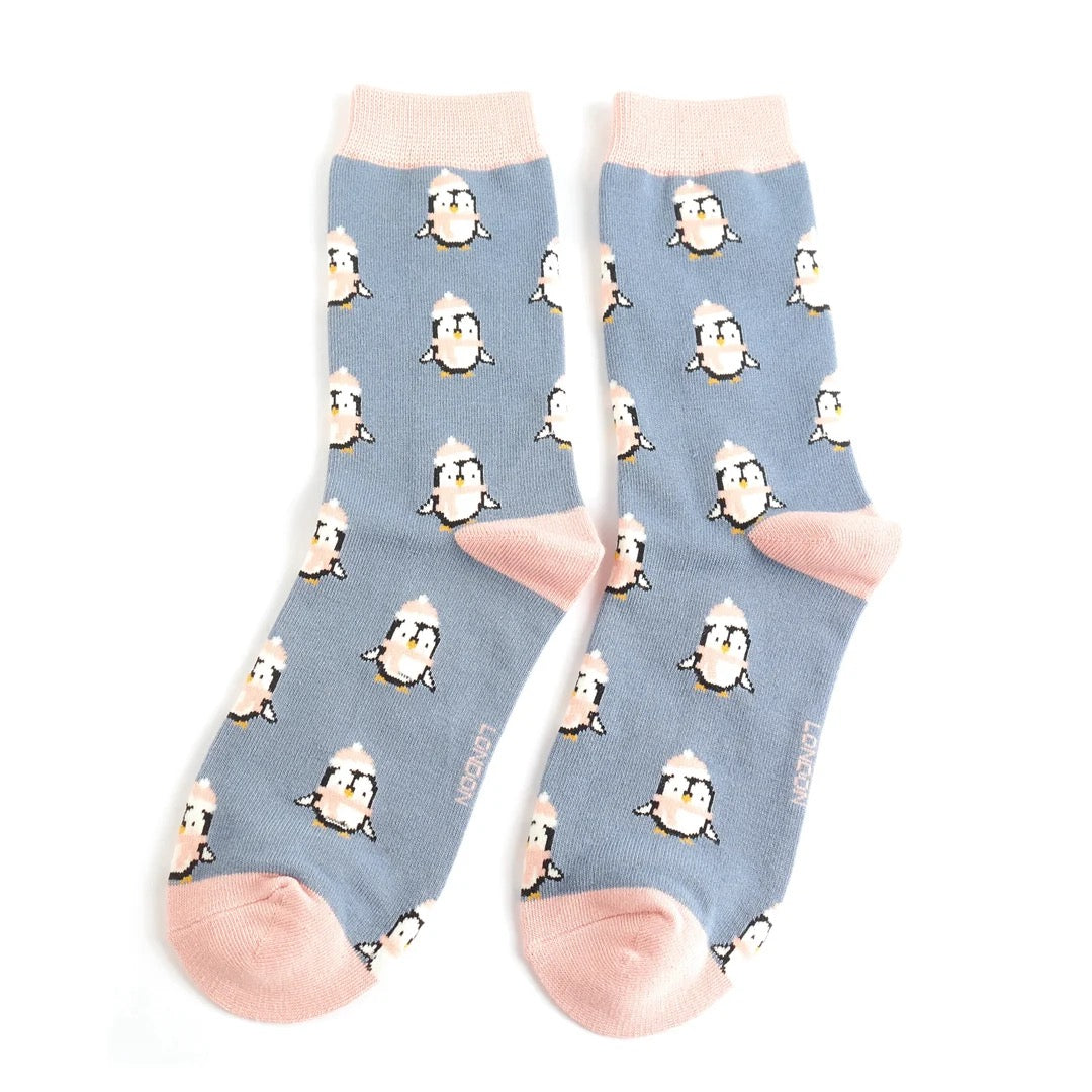 Miss Sparrow Bamboo Ankle Socks - Cute Penguins - Denim Blue