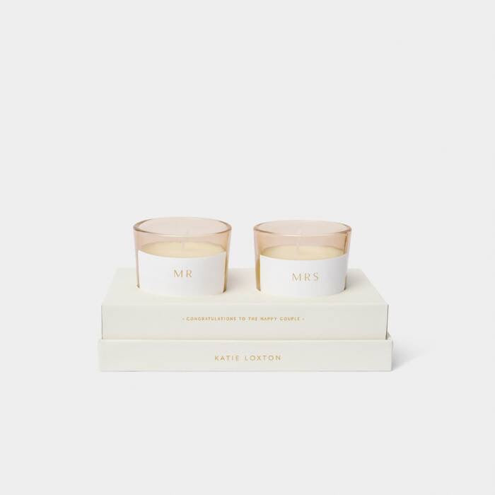 Katie Loxton Duo Votive Candles Gift Set - 'Mr & Mrs' - Fresh Linen & White Lily