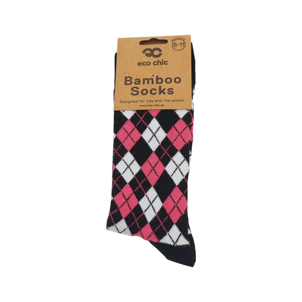 Eco Chic MENS Bamboo Socks Argyle Print - Black/Pink