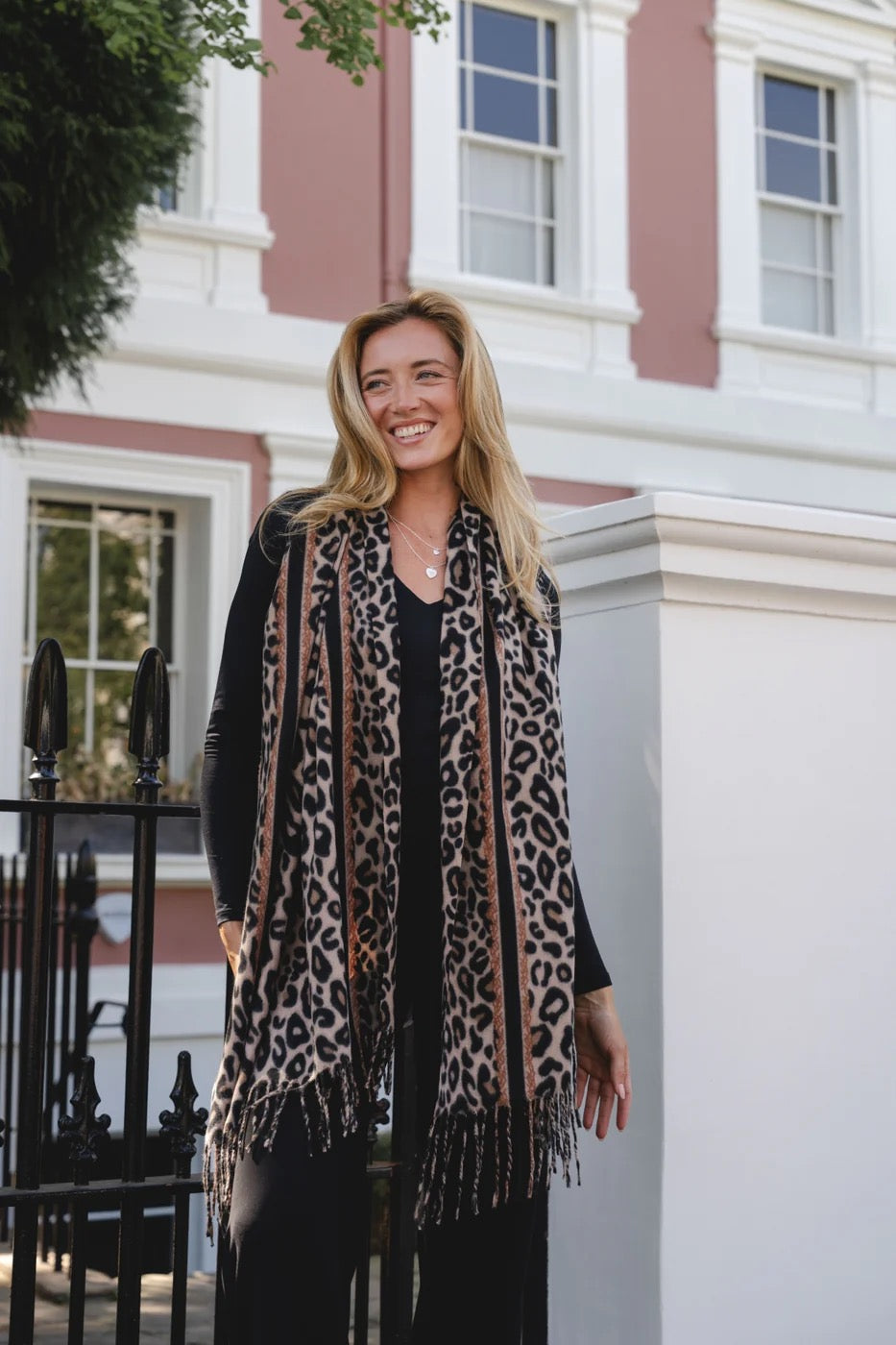 Park Lane Leopard Print & Contrast Panel Detail Tassel Scarf - Ebony