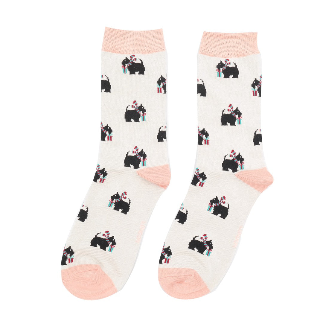 Miss Sparrow Ladies Bamboo Ankle Socks - Xmas Scottie Dogs - Silver
