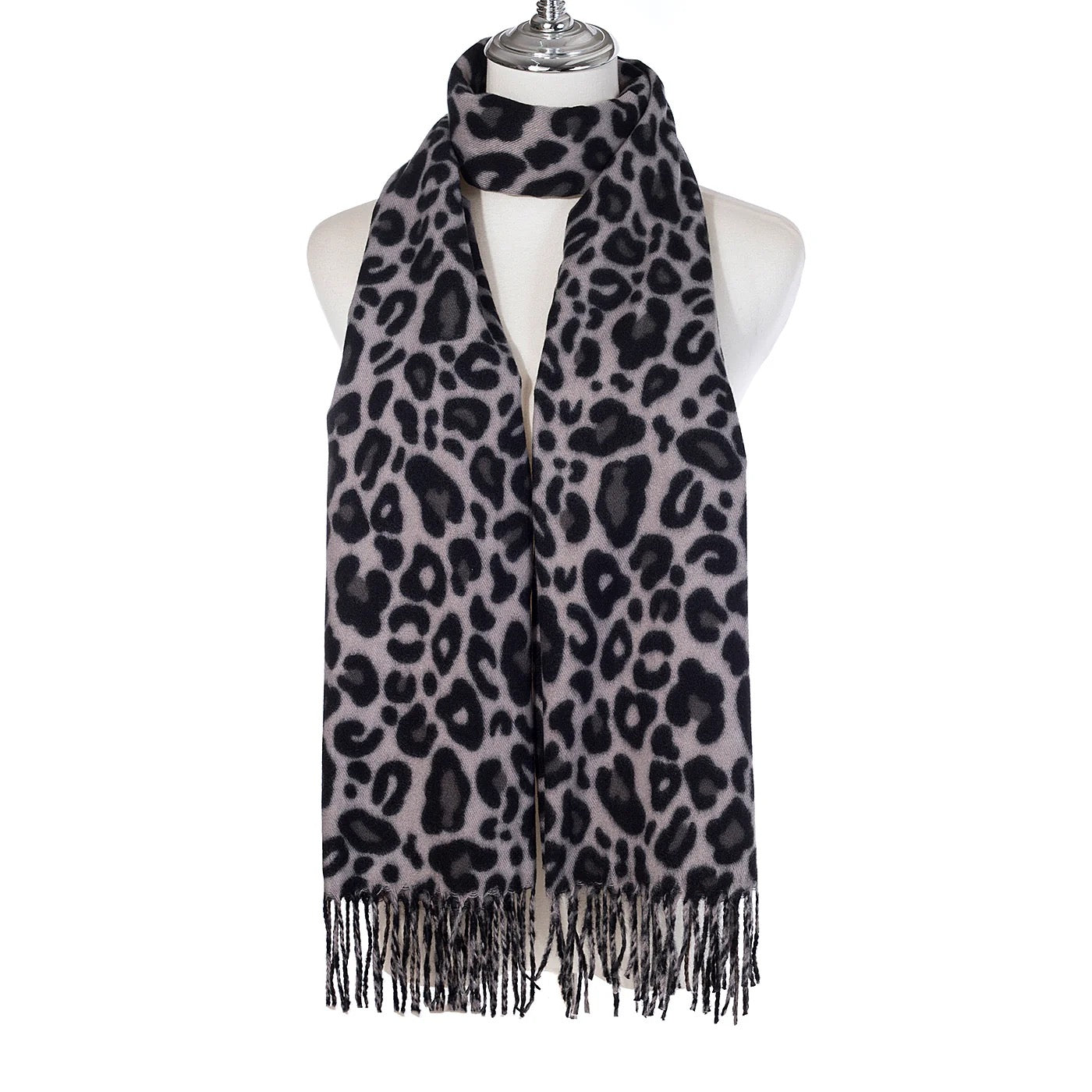Park Lane Leopard Print & Contrast Panel Detail Tassel Scarf - Ebony