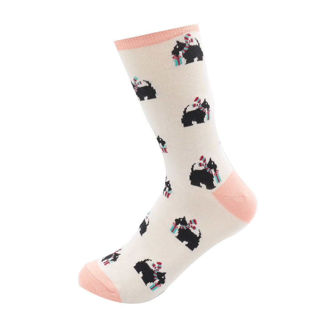 Miss Sparrow Ladies Bamboo Ankle Socks - Xmas Scottie Dogs - Silver