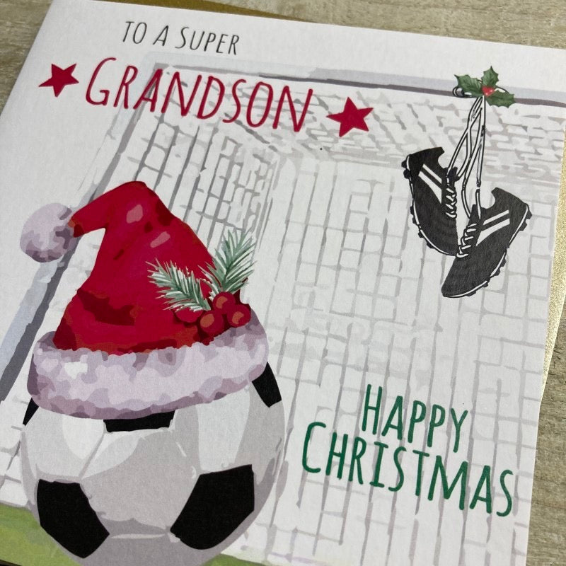 Super Grandson Christmas - Football Santa Hat Card - White Cotton Cards