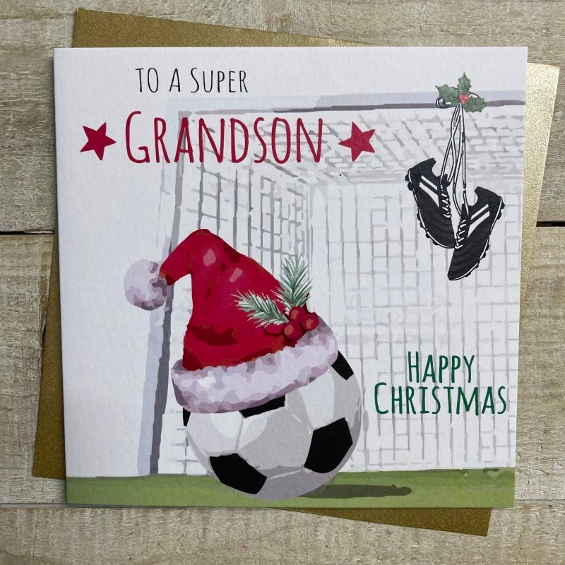 Super Grandson Christmas - Football Santa Hat Card - White Cotton Cards